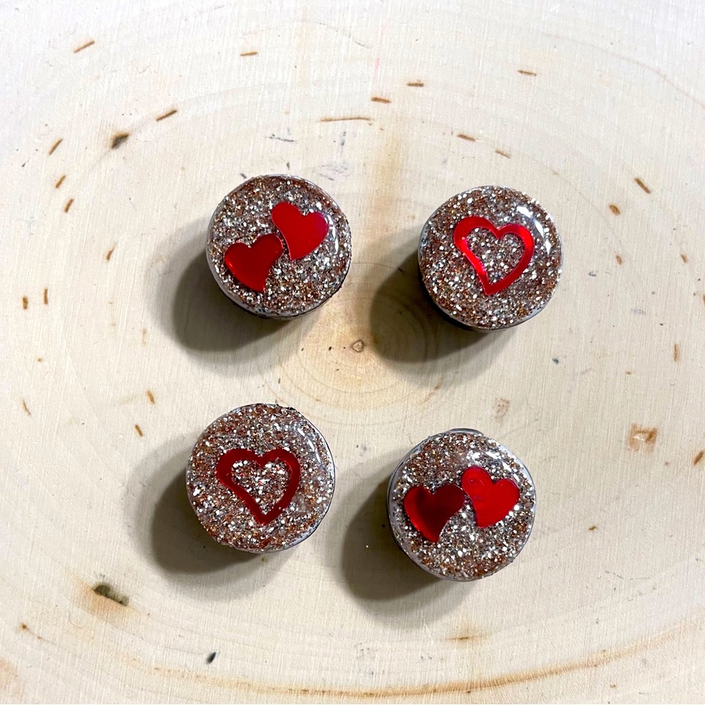 Rose Gold Glitter & Red Heart Magnets SET OF 4 - Fridge Magnets - Ceramic